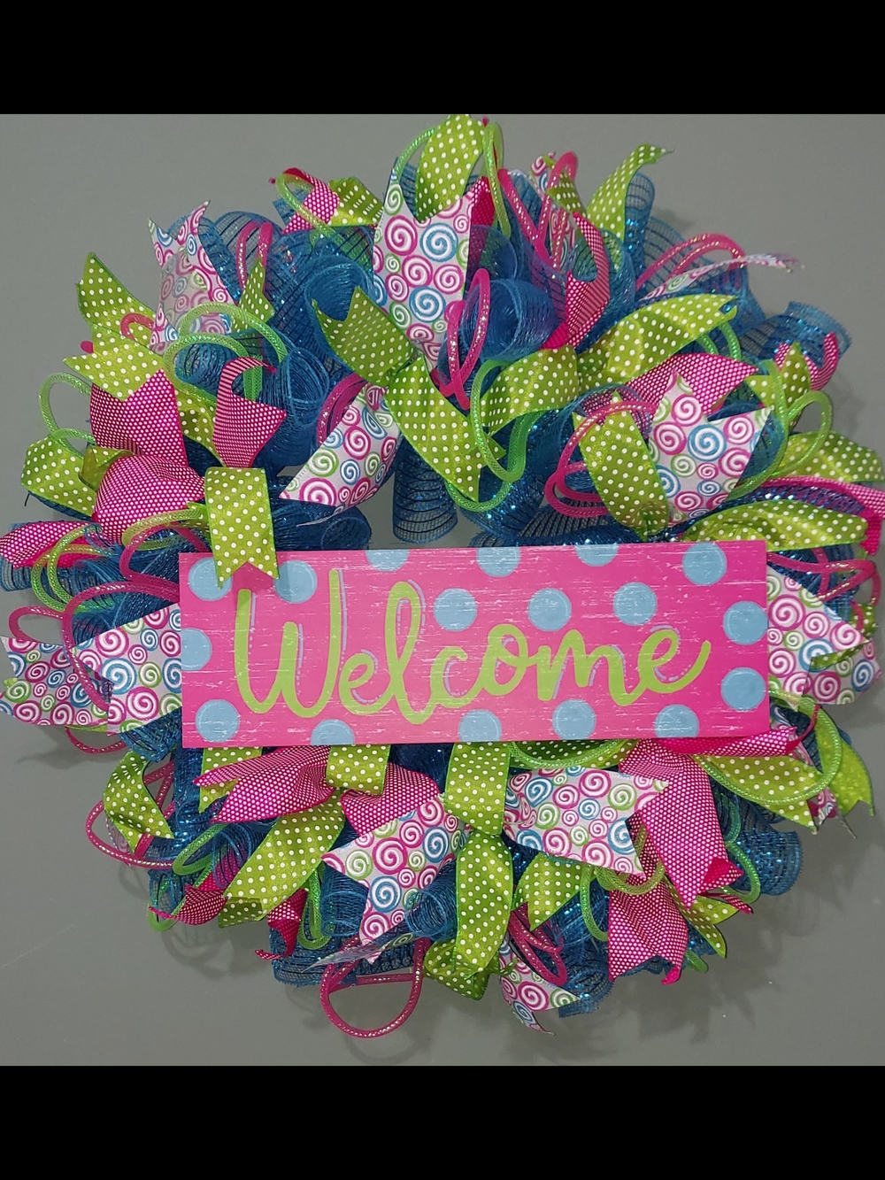 Hand Crafted Pink, Green & Blue Welcome Wreath